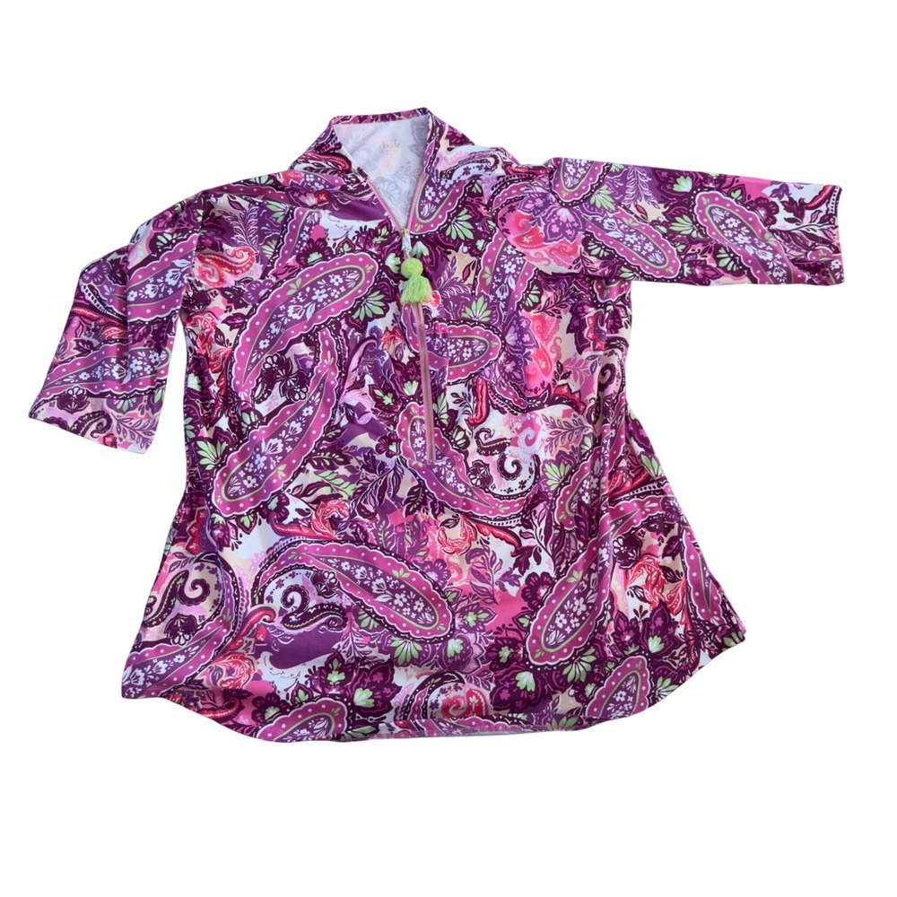 Belle by Kim Gravel Womens 1X Paisley Half Zip Tassel Tunic Top Purple A640322